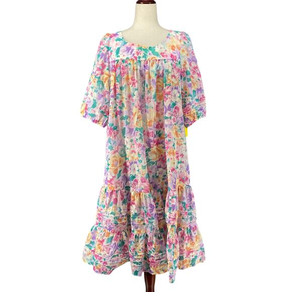 Vtg 80s 90s Two Potato Granny Pastel Floral Midi Tiered Muumuu Dress M Sheer - Picture 1 of 16